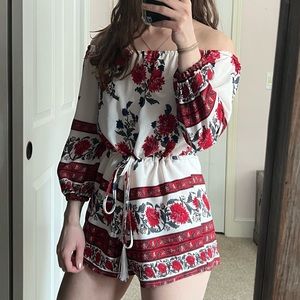 Red green and blue floral romper